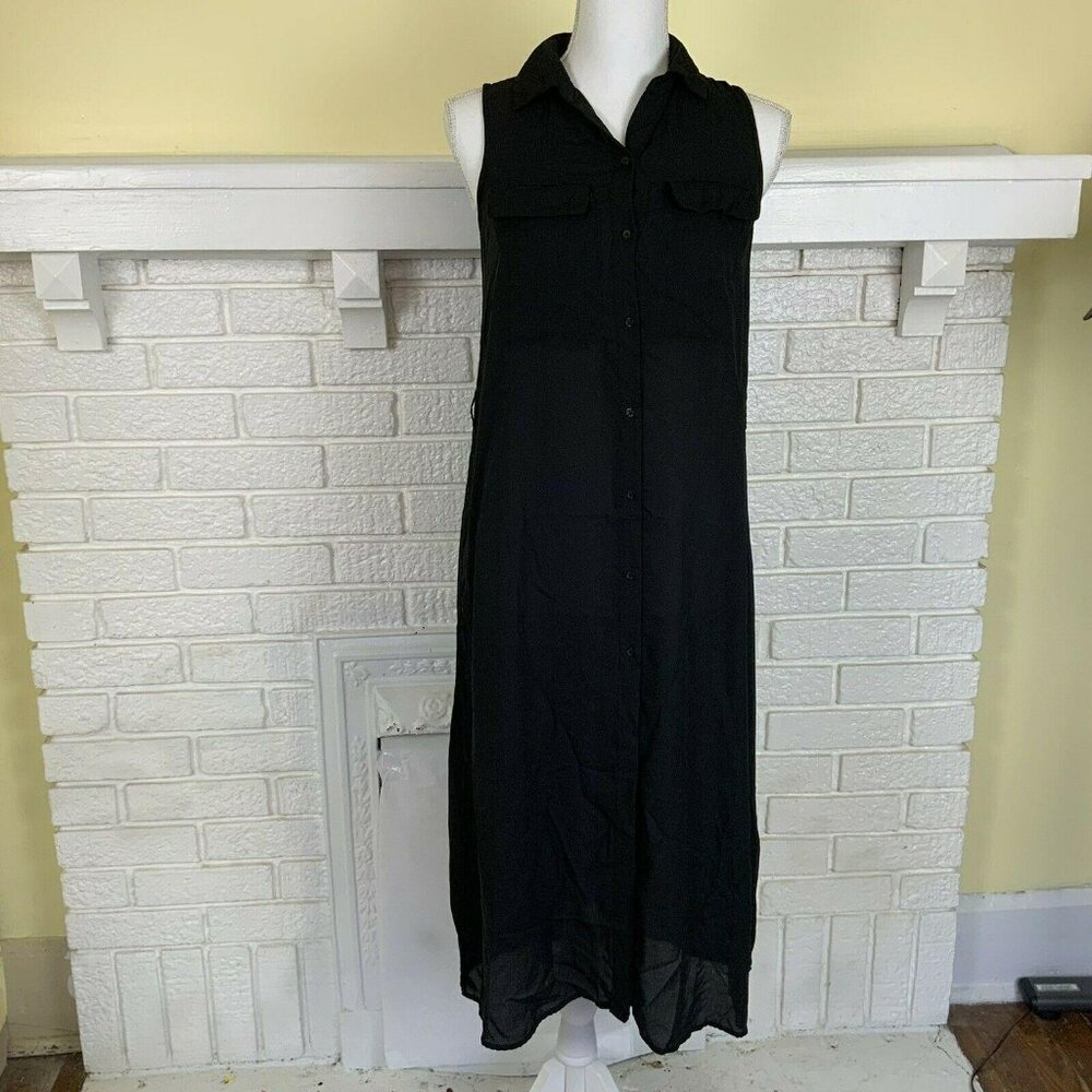 Who What Wear Shift Dress Black Sheer Collared Button Up Midi Length XS